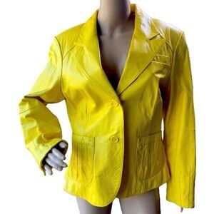 MetroStyle Yellow Leather Vintage Professional Collar Button Blazer Jacket Med
